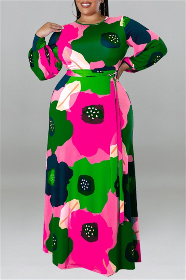 Orange Floral Print O Neck Long Sleeve Belted Casual Loose Vacation Plus Size Maxi Dresses