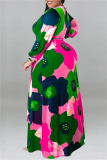 Orange Floral Print O Neck Long Sleeve Belted Casual Loose Vacation Plus Size Maxi Dresses