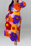 Orange Floral Print O Neck Long Sleeve Belted Casual Loose Vacation Plus Size Maxi Dresses