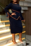 Navy Blue O Neck Flare Sleeve Slit Formal Office Lady Casual Bodycon Midi Dresses