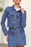 Blue Turndown Collar Long Sleeve Buttons Casual Crop Denim Jacket