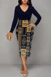 Blue Geometric Print V Neck Long Sleeve Ruched Fall Casual Outings Formal Office Bodycon Pencil Midi Dress