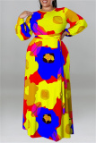Orange Floral Print O Neck Long Sleeve Belted Casual Loose Vacation Plus Size Maxi Dresses