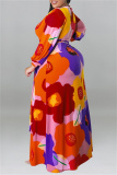 Orange Floral Print O Neck Long Sleeve Belted Casual Loose Vacation Plus Size Maxi Dresses