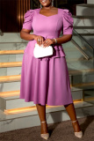 Purple Square Neck Puff Sleeve Ruffle Casual Formal Office Lady A Line Maxi Dresses