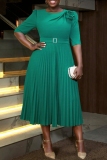 Green 3D Flowers Decor O Neck Half Sleeve Casual Formal Office Lady Pleated Maxi Dresses
