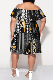 Pink Floral Print Off Shoulder Ruffled Sleeve Flounce Plus Size Loose Vacation Mini Dresses
