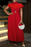 Red Half A Turtleneck Short Sleeve Formal Office Lady Casual Pleated Maxi Dresses