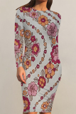 Red Green Stripe Butterfly Floral Print O Neck Long Sleeve Casual Outing Bodycon Midi Dresses
