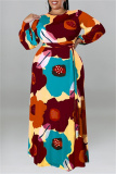 Orange Floral Print O Neck Long Sleeve Belted Casual Loose Vacation Plus Size Maxi Dresses