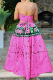 Orange African Graphics Print Sleeveless Backless Strapless Crop Tube Vest and Maxi Skirt Casual Loose Vacation Plus Size Pleated Two Piece Dress Set