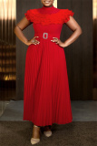 Red Half A Turtleneck Short Sleeve Formal Office Lady Casual Pleated Maxi Dresses