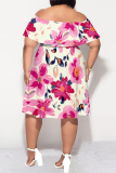 Pink Floral Print Off Shoulder Ruffled Sleeve Flounce Plus Size Loose Vacation Mini Dresses