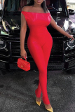 Red Sleeveless O Neck Casual One Piece Bodysuit Skinny Jumpsuits