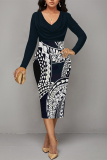Blue Geometric Print V Neck Long Sleeve Ruched Fall Casual Outings Formal Office Bodycon Pencil Midi Dress