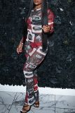 Red Lips Print O Neck Long Sleeve Tops And Skinny Pants Casual Two Pieces Trouser Sets