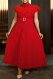 Red Half A Turtleneck Short Sleeve Formal Office Lady Casual Pleated Maxi Dresses
