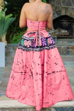 Orange African Graphics Print Sleeveless Backless Strapless Crop Tube Vest and Maxi Skirt Casual Loose Vacation Plus Size Pleated Two Piece Dress Set