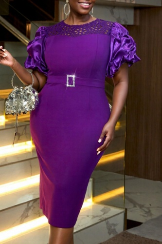 Purple Zipper O Neck Pile Up Sleeves Hollow Out Slit Casual Formal Evening Party Prom Bodycon Midi Dresses