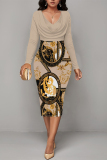 Blue Geometric Print V Neck Long Sleeve Ruched Fall Casual Outings Formal Office Bodycon Pencil Midi Dress