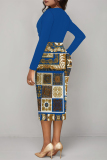 Blue Geometric Print V Neck Long Sleeve Ruched Fall Casual Outings Formal Office Bodycon Pencil Midi Dress