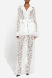 White Turndown Collar Long Sleeve See-Through With Belt Lace Top And Wide Leg Pants Casual Formal Office Lady Two Pieces Trouser Sets
