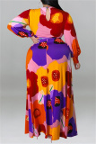 Orange Floral Print O Neck Long Sleeve Belted Casual Loose Vacation Plus Size Maxi Dresses