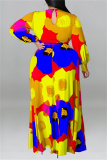 Orange Floral Print O Neck Long Sleeve Belted Casual Loose Vacation Plus Size Maxi Dresses