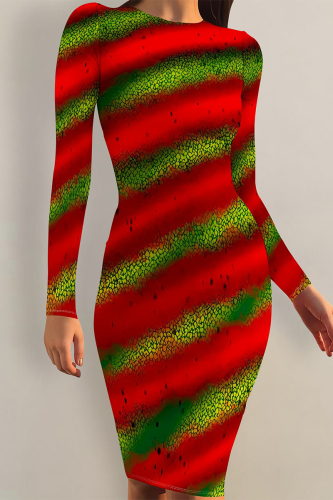 Red Green Stripe Butterfly Floral Print O Neck Long Sleeve Casual Outing Bodycon Midi Dresses