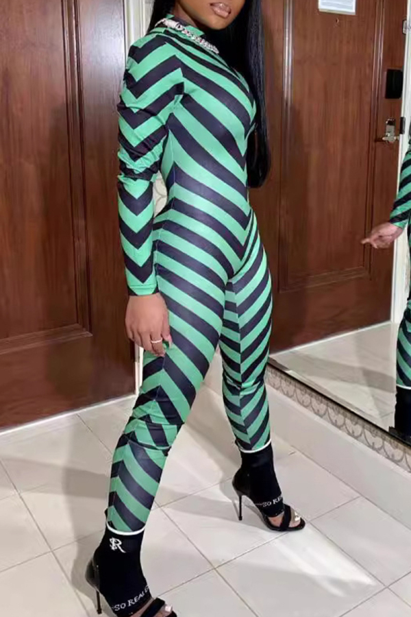 Red Stripe Print Zipper O Neck Long Sleeve One Piece Bodysuit Casual Skinny Jumpsuits