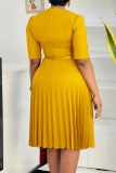 Yellow Half Sleeve V Neck With Belt Casual Formal Office Lady A Line Pleated Midi Dresses
