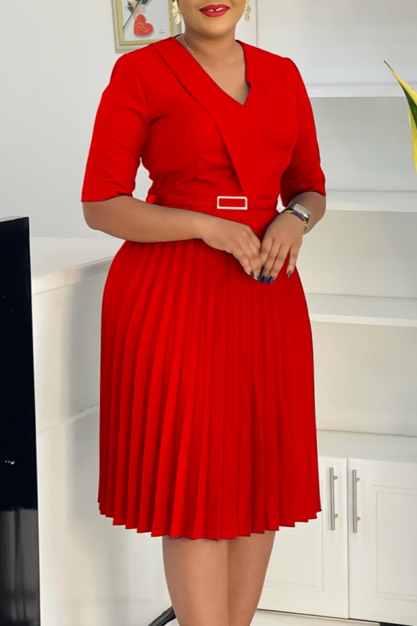 Yellow Half Sleeve V Neck With Belt Casual Formal Office Lady A Line Pleated Midi Dresses
