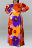Orange Floral Print O Neck Long Sleeve Belted Casual Loose Vacation Plus Size Maxi Dresses