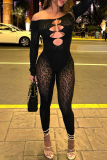 Black Hollow Out See-through Backless Off Shoulder Long Sleeve Yago Skinny Jumpsuits