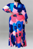 Orange Floral Print O Neck Long Sleeve Belted Casual Loose Vacation Plus Size Maxi Dresses