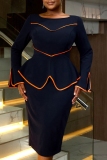 Navy Blue O Neck Flare Sleeve Slit Formal Office Lady Casual Bodycon Midi Dresses