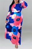 Orange Floral Print O Neck Long Sleeve Belted Casual Loose Vacation Plus Size Maxi Dresses