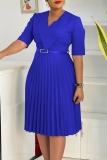 Yellow Half Sleeve V Neck With Belt Casual Formal Office Lady A Line Pleated Midi Dresses