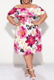 Pink Floral Print Off Shoulder Ruffled Sleeve Flounce Plus Size Loose Vacation Mini Dresses