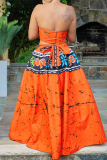 Orange African Graphics Print Sleeveless Backless Strapless Crop Tube Vest and Maxi Skirt Casual Loose Vacation Plus Size Pleated Two Piece Dress Set
