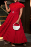 Red Half A Turtleneck Short Sleeve Formal Office Lady Casual Pleated Maxi Dresses