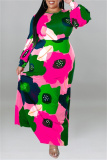 Orange Floral Print O Neck Long Sleeve Belted Casual Loose Vacation Plus Size Maxi Dresses