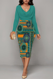 Blue Geometric Print V Neck Long Sleeve Ruched Fall Casual Outings Formal Office Bodycon Pencil Midi Dress