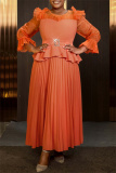 Orange See-Through O Neck Gauze Lantern Sleeve Ruffle Hem Casual Formal Evening Party Prom Pleated Maxi Dresses