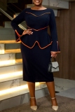 Navy Blue O Neck Flare Sleeve Slit Formal Office Lady Casual Bodycon Midi Dresses