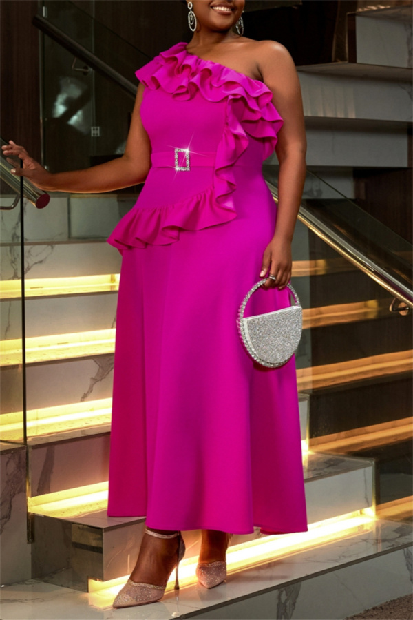 Rose Red Backless Sleeveless Oblique Collar Ruffle Trim Formal Evening Party Prom Maxi Dresses