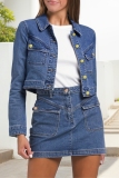 Blue Turndown Collar Long Sleeve Buttons Casual Crop Denim Jacket