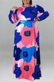 Orange Floral Print O Neck Long Sleeve Belted Casual Loose Vacation Plus Size Maxi Dresses