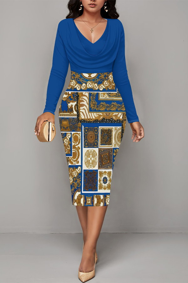 Blue Geometric Print V Neck Long Sleeve Ruched Fall Casual Outings Formal Office Bodycon Pencil Midi Dress