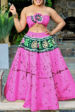 Orange African Graphics Print Sleeveless Backless Strapless Crop Tube Vest and Maxi Skirt Casual Loose Vacation Plus Size Pleated Two Piece Dress Set